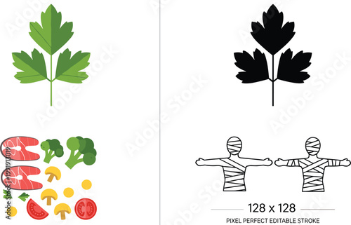 Parsley leaf icon with food ingredients and mummy outline pixel perfect editable stroke vector illustration set