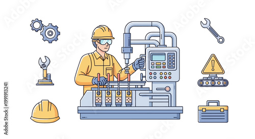 Industrial worker operating machine tool.
