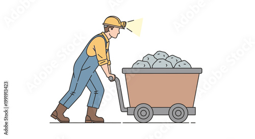 Miner pushing a loaded cart in a mine.