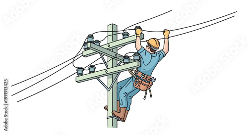 Lineman working on electrical pole with power lines.