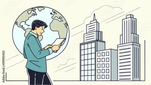 Modern flat vector of businessman holding globe with city skyline. Represents global strategy, international business, leadership, and worldwide market expansion.