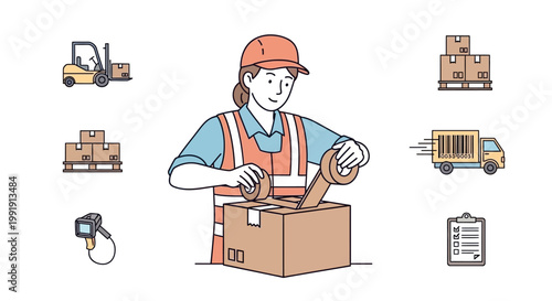Warehouse worker diligently packing a cardboard box with tape.