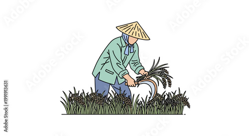 Farmer harvesting crops wearing traditional conical hat and attire.