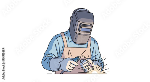 Skilled Welder in Protective Gear Performing Welding Work.