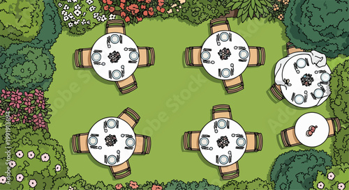 Top view garden restaurant floor plan with round tables and chairs, outdoor dining area vector illustration, aerial landscape design for event catering