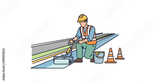 Man wearing hardhat works on road.