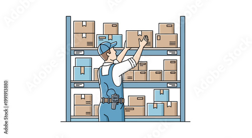 Man in blue overalls working warehouse.