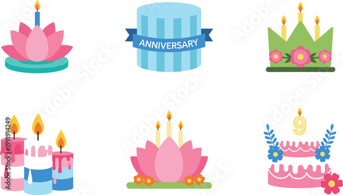 Anniversary and celebration icon set with candles, lotus candle holder, birthday cake and festive decorative elements vector illustration