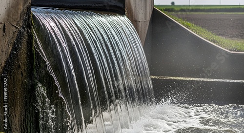 Water flowing over dam spillway structure.