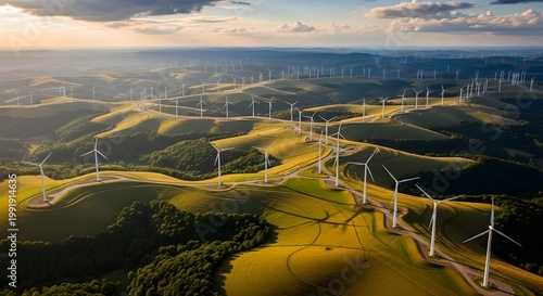 Wind turbines in green landscape aerial.