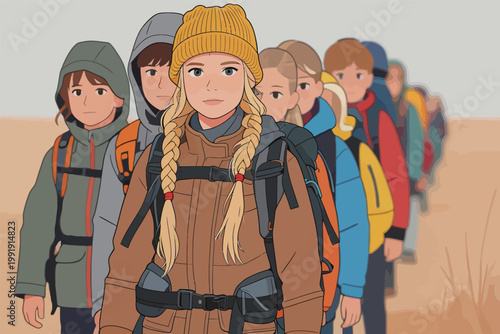 Group of students hiking through a dry landscape during a school trip in autumn with backpacks and winter clothing