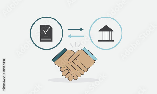 Minimalist vector illustration of a handshake between business and financial institutions, representing agreement, partnership, contract approval, trust, and secure transactions in modern corporate