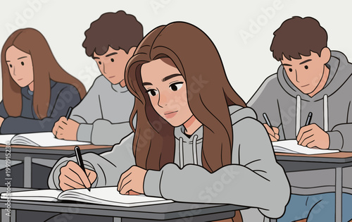 Students take notes during class in a school setting while sitting at desks with notepads in hand and focused expressions on their faces