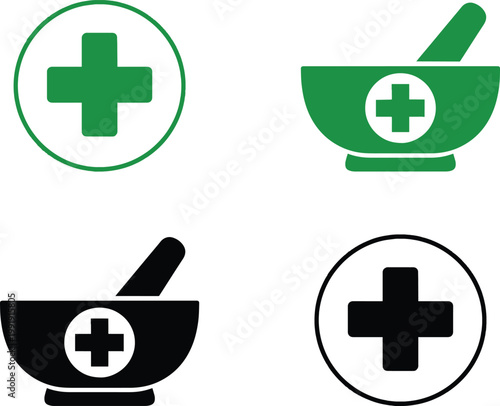 Medical and pharmacy icon set with cross symbols and mortar pestle in green and black style