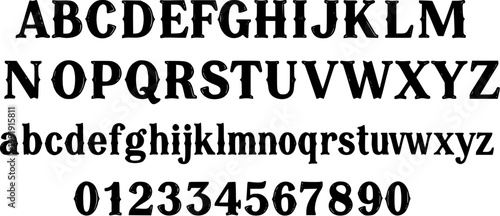 Alphabet western style serif typography set featuring bold black letters and numbers on white background