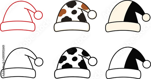 Santa hat icon collection with outline color and patterned styles in festive