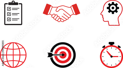 Business strategy icon collection with checklist handshake target globe and time management symbols