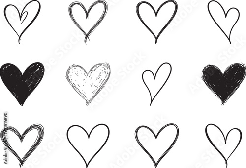 Hand drawn heart icon collection in sketch doodle style with outline and filled variations
