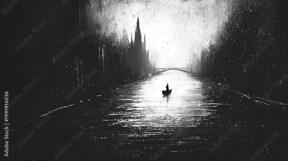 Fototapeta premium Man rowing small boat with dog on misty river. Gothic cityscape with tall spires and arched bridge in fog. Atmospheric urban night scene in monochrome art style.