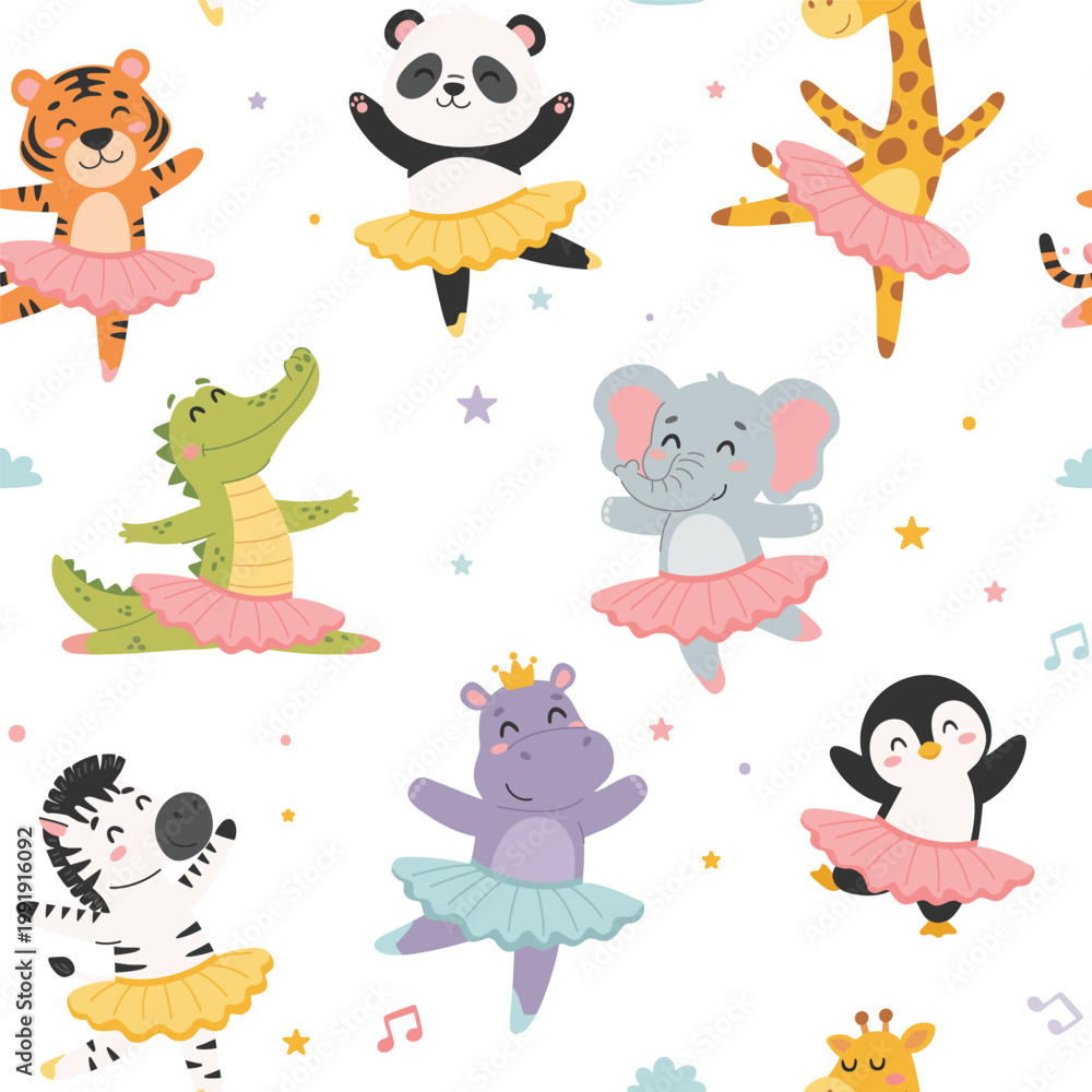Obraz premium Seamless pattern with cute cartoon animals. Cute ballerina animals. Vector background for kids.