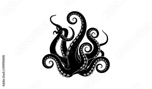 Black octopus tentacle silhouette vector illustration with kraken sea monster style isolated on white background