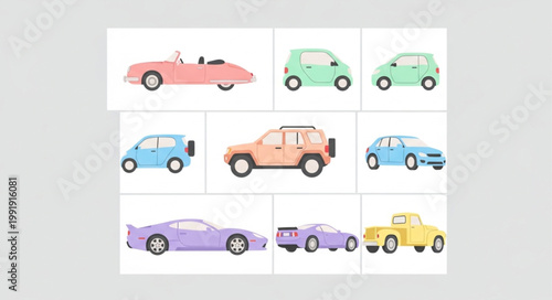 Collection of diverse cartoon vehicles in various colors and styles.
