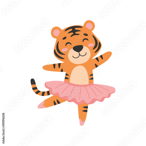 Cute little tiger in a tutu and ballet ballerina, animal character vector Illustration