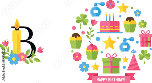 Birthday celebration illustration with decorative letter B candle, cake, cupcakes, gifts, flowers and party elements colorful festive vector design