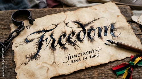 Juneteenth celebration commemorates Freedom Day with a historic Emancipation proclamation on a vintage parchment with broken chains and a quill pen on a wooden table.