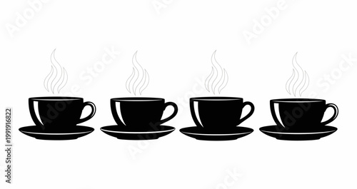Four black coffee cups with steam.