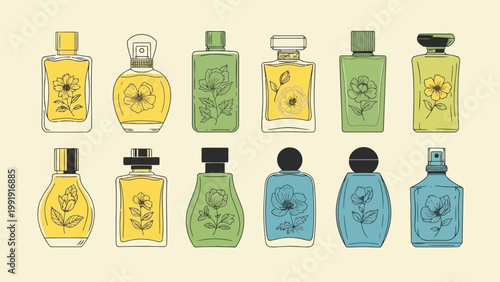 Assorted bottles of perfume and fragrance in various shapes and colors