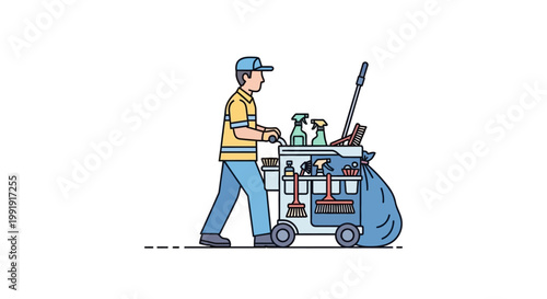 Man pushing a cleaning cart.