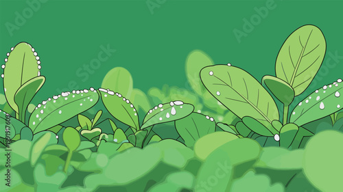 Close-up view of green leaves with water droplets in a garden, showing fresh plant life in the morning light