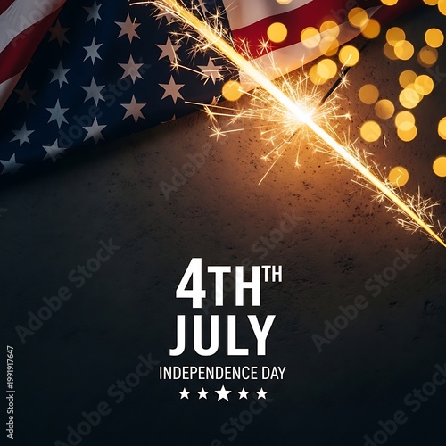 American flag with sparkler on 4th July Independence Day celebration with bokeh lights