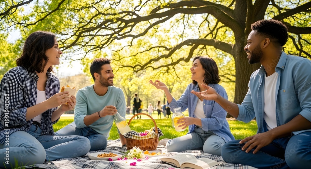 Fototapeta premium A group of young adults enjoy a cheerful picnic together outdoors on a sunny day