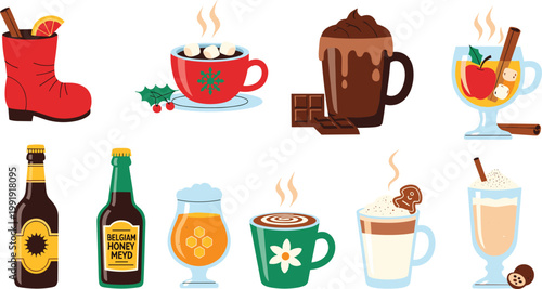 Christmas and Winter Holiday Beverage Vector Illustration Set Featuring Hot Chocolate, Kinderpunsch, German Beer, and Spiced Drinks for Seasonal Menu and Festive Designs