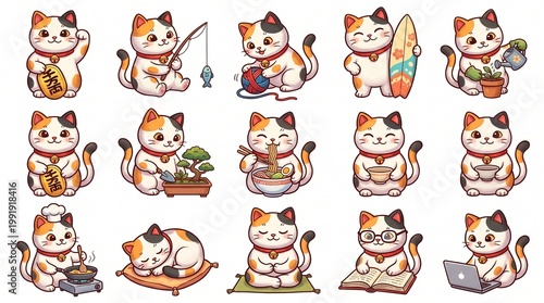Playful calico maneki-neko cats in cartoon style, engaging in modern activities with objects, showcasing charm, luck, and personality.
