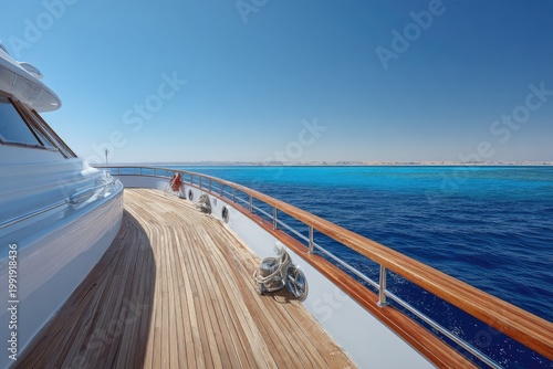 Deck view of a luxurious yacht sailing on an azure sea under a bright, cloudless sky