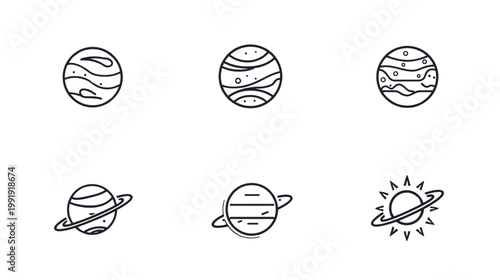 Celestial Bodies in Focus: An illustrated collection of celestial bodies, capturing the wonder of the cosmos. Detailed line art of planetary forms. 