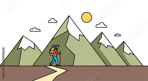 Hiker climbing mountain vector illustration with mountain climbing adventure