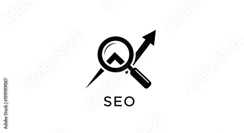SEO magnifying glass with upward arrow icon, representing growth and search engine optimization strategy.