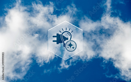 Artificial Intelligence concept with a glowing light bulb and electric plug icon in a glass hexagon shape against a blue sky with white clouds representing energy