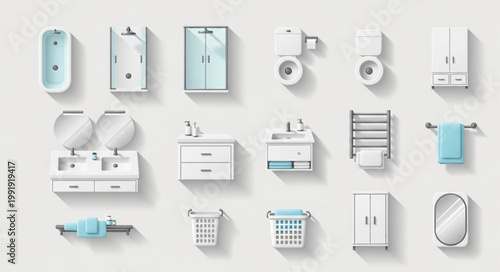 Collection of Bathroom Fixtures and Accessories Isolated on White Background.