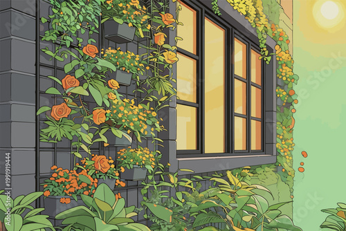 Bright flowers grow on a building wall near a window as the sun rises in the morning sky