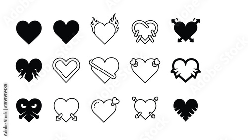 Creative collection of stylized hearts with various abstract and symbolic embellishments