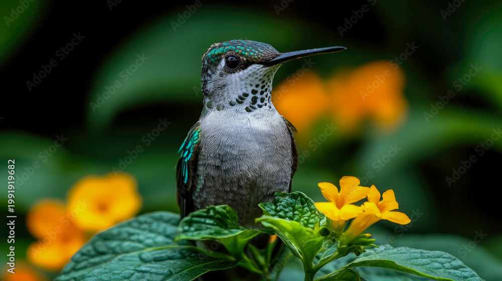 Fototapeta premium Close-up portrait of striking hummingbird with iridescent green plumage on its head and wings, perched delicately on lush green foliage amidst vibrant yellow flowers, showcasing intricate feather deta