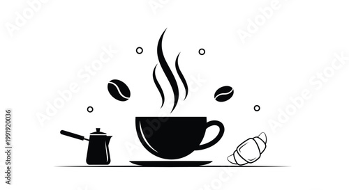 Coffee, cup, steam, beans, breakfast, icon, vector, black, white, illustration, cafe, food, drink, symbol, graphic