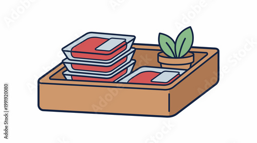 Kitchen organization Packaged meat products and a fresh plant in a tray