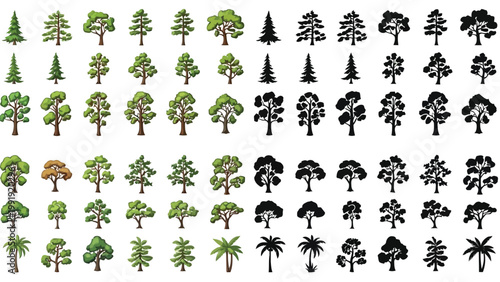 Diverse collection of stylized tree icons in various shapes and colors