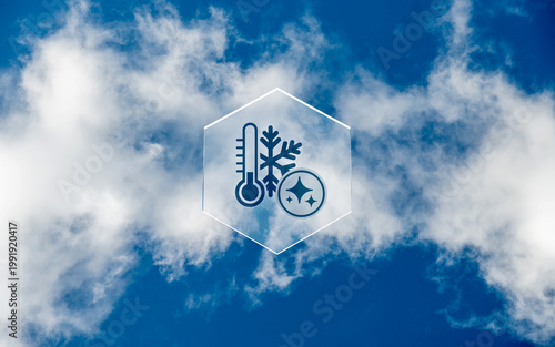 Artificial Intelligence weather forecast icon with snowflake and thermometer on floating glass hexagon over blue sky background for AI generated climate analytics